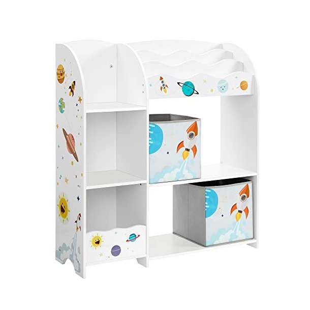 SONGMICS brnereol, m. hylder og 2 opbevaringsbokse - hvid og multifarvet spnplade og stof