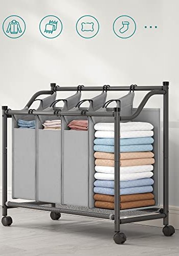 SONGMICS rullende vasketjskurv med 4 aftagelige poser og hjul - gr polyester stof og gr jern