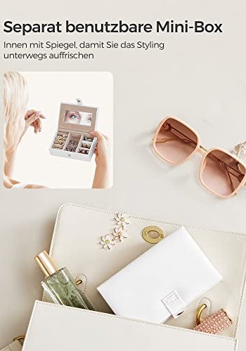 SONGMICS smykkeskrin, m. 2 skuffer, lsbar koffert, speil, transportabel reisekoffert ? hvitt kunstskinn