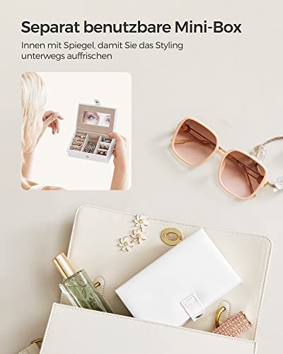 SONGMICS smykkeskrin, m. 2 skuffer, lsbar koffert, speil, transportabel reisekoffert ? hvitt kunstskinn