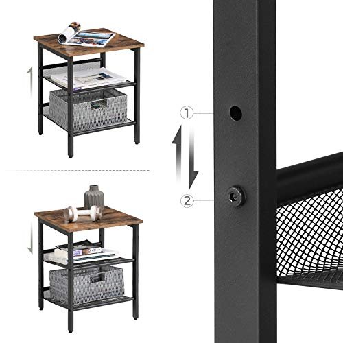 VASAGLE Beistelltisch, mit 2 verstellbaren Gitterböden – rustikale braune Spanplatte und schwarzer Stahl (2er-Set)