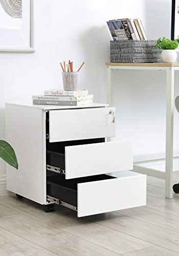 Songmics arkivskap, lsbart, m. 3 skuffer og hjul - hvitt stl