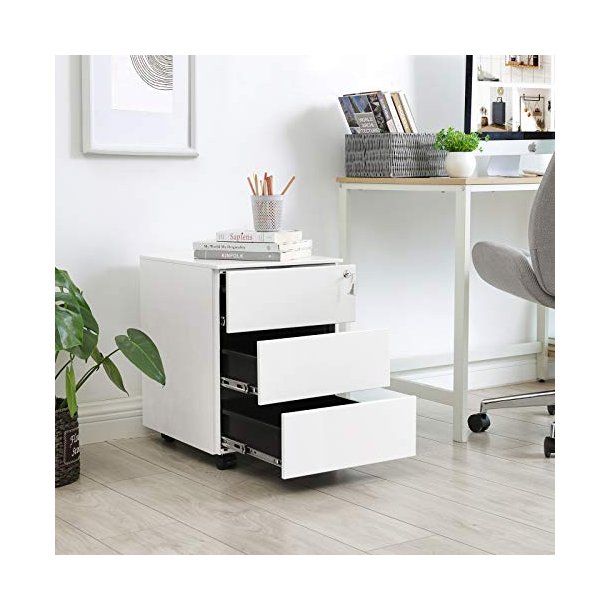 Arkivskab, l�sbar, m. 3 skuffer og hjul - hvid st�l