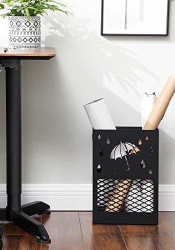 SONGMICS paraplystativ, rektangulrt, m. avtakbart dryppbrett, 4 kroker, utskjringer - svart stl