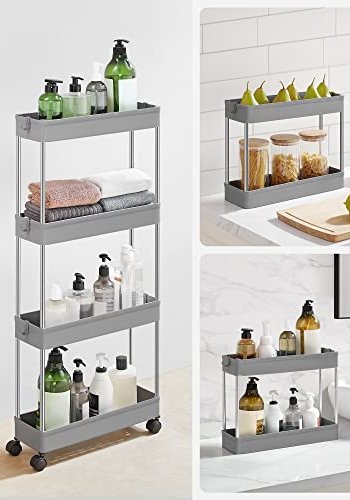 SONGMICS schmaler Rollwagen mit 4 Ablagen und Rädern – graues Polypropylen und Stahl