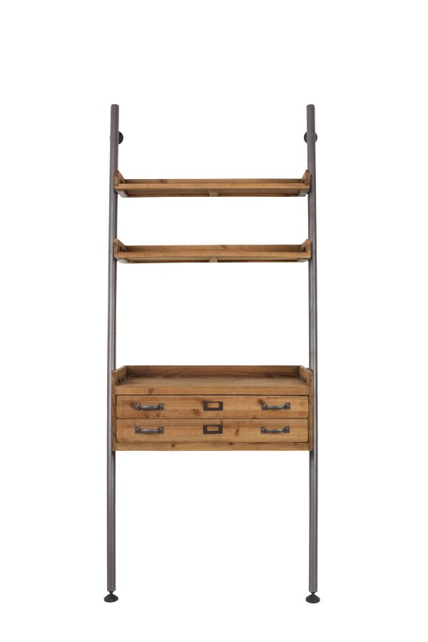 WHITE LABEL LIVING Rook stigehylle, m. bordplate, 2 hyller og 2 skuffer - brun furu og jern