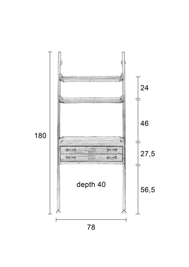 WHITE LABEL LIVING Rook stigehylle, m. bordplate, 2 hyller og 2 skuffer - brun furu og jern
