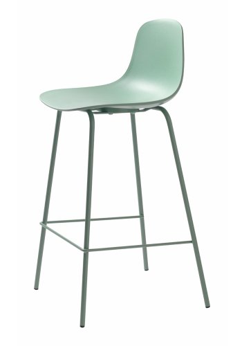Aurora Thekenstuhl, mit Rückenlehne und Fußstütze – staubgrünes Polypropylen und Metall