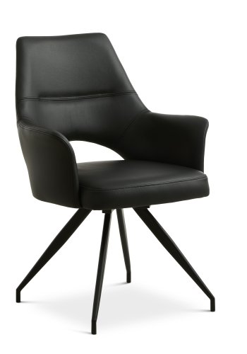Aya Esszimmerstuhl, mit Armlehnen und Drehfunktion – schwarzes Semianilinleder und schwarzes Metall