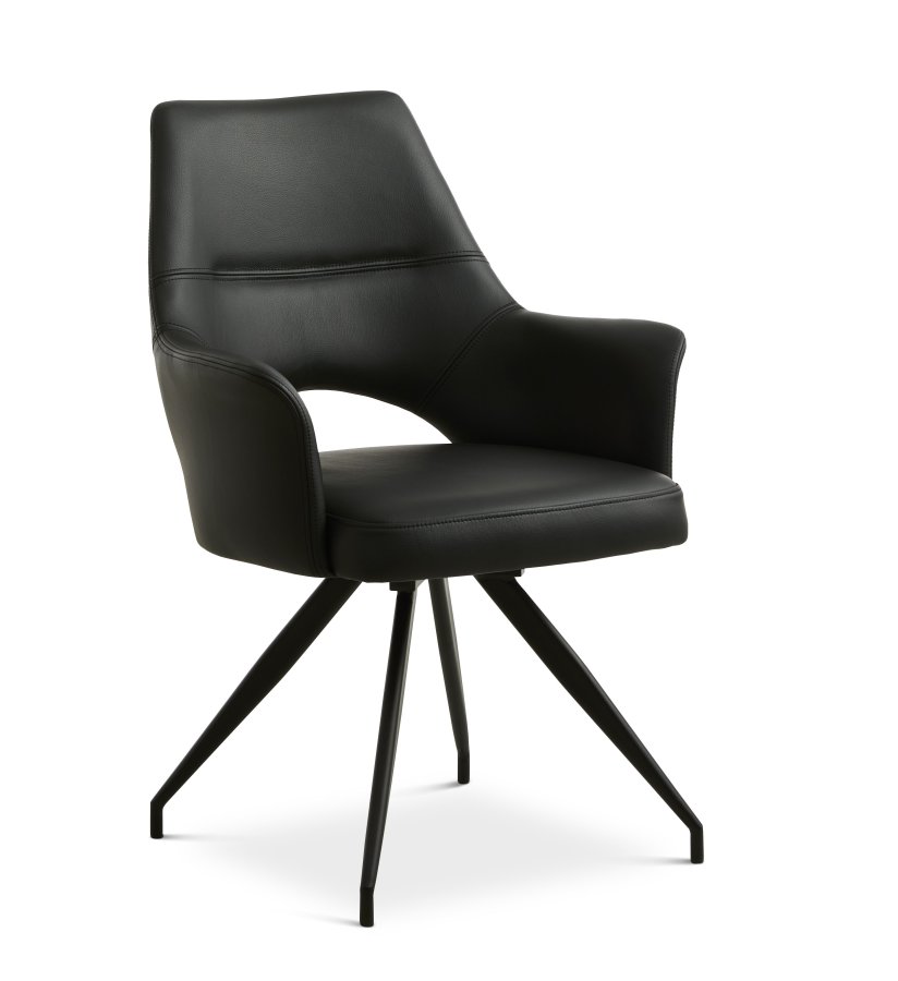 Aya Esszimmerstuhl, mit Armlehnen und Drehfunktion – schwarzes Semianilinleder und schwarzes Metall