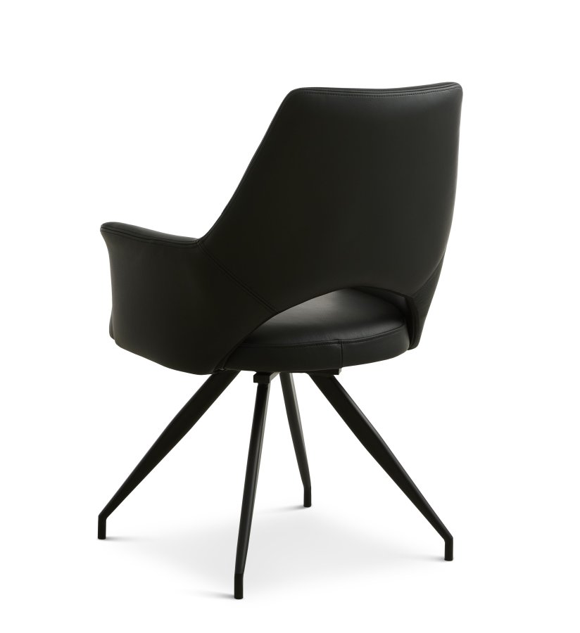 Aya Esszimmerstuhl, mit Armlehnen und Drehfunktion – schwarzes Semianilinleder und schwarzes Metall