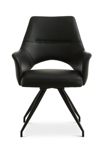 Aya Esszimmerstuhl, mit Armlehnen und Drehfunktion – schwarzes Semianilinleder und schwarzes Metall