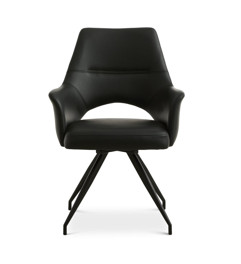 Aya Esszimmerstuhl, mit Armlehnen und Drehfunktion – schwarzes Semianilinleder und schwarzes Metall