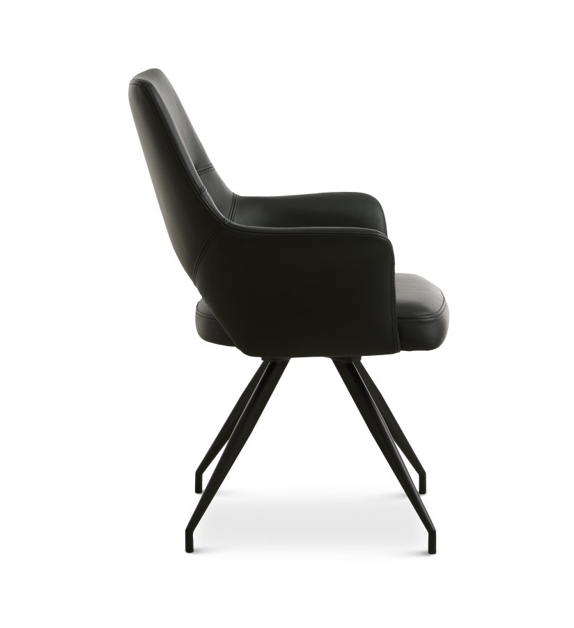 Aya Esszimmerstuhl, mit Armlehnen und Drehfunktion – schwarzes Semianilinleder und schwarzes Metall