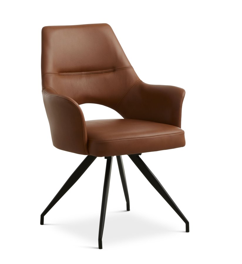 Aya spisebordsstol, med armlener og dreiefunksjon - konjakk semianilinskinn og svart metall