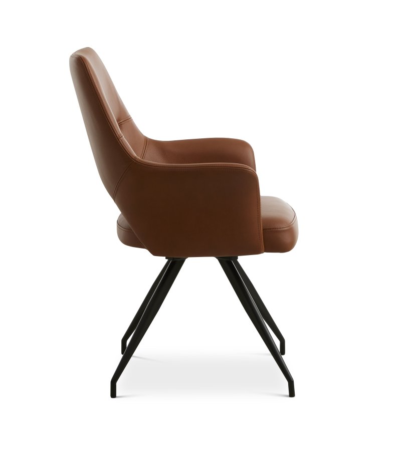 Aya spisebordsstol, med armlener og dreiefunksjon - konjakk semianilinskinn og svart metall