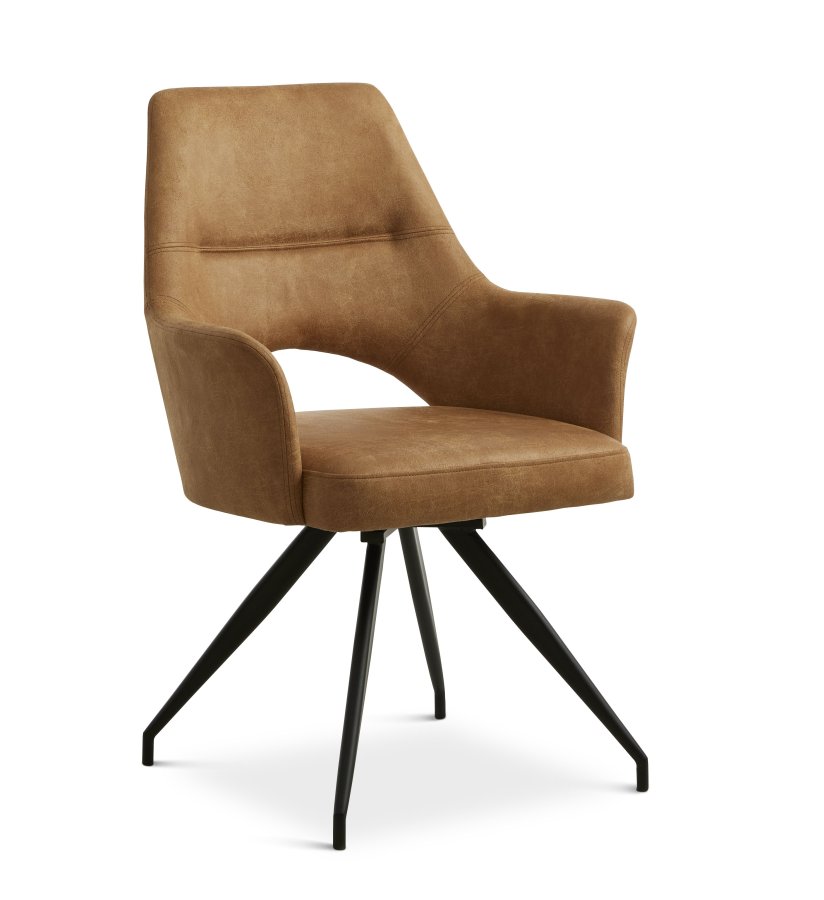 Aya spisebordsstol, med armlener og dreiefunksjon - karamell mikroskinn og sort metall