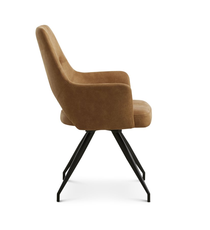 Aya spisebordsstol, med armlener og dreiefunksjon - karamell mikroskinn og sort metall