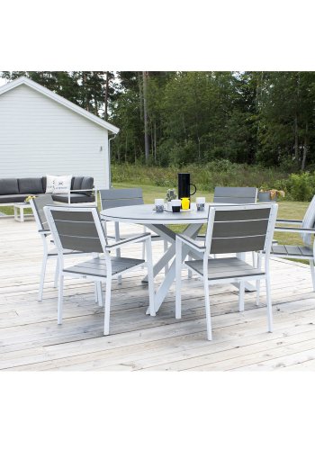 VENTURE DESIGN Levels hagestol, med armlener - gr i tre og hvit aluminium