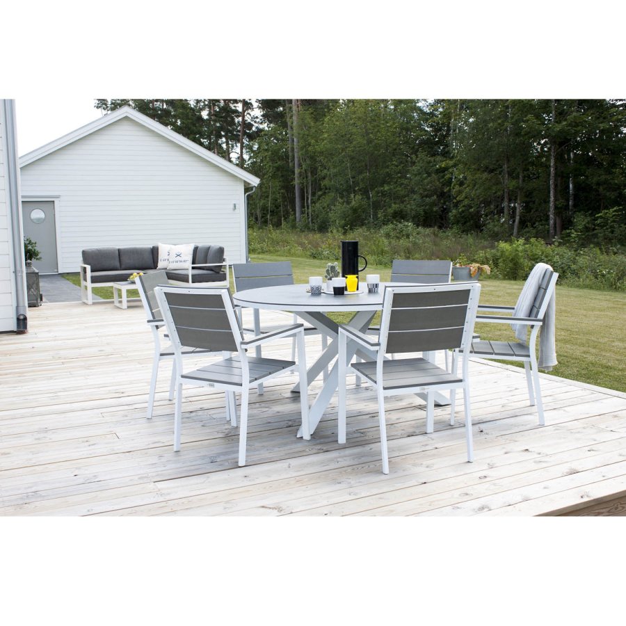 VENTURE DESIGN Levels hagestol, med armlener - gr i tre og hvit aluminium