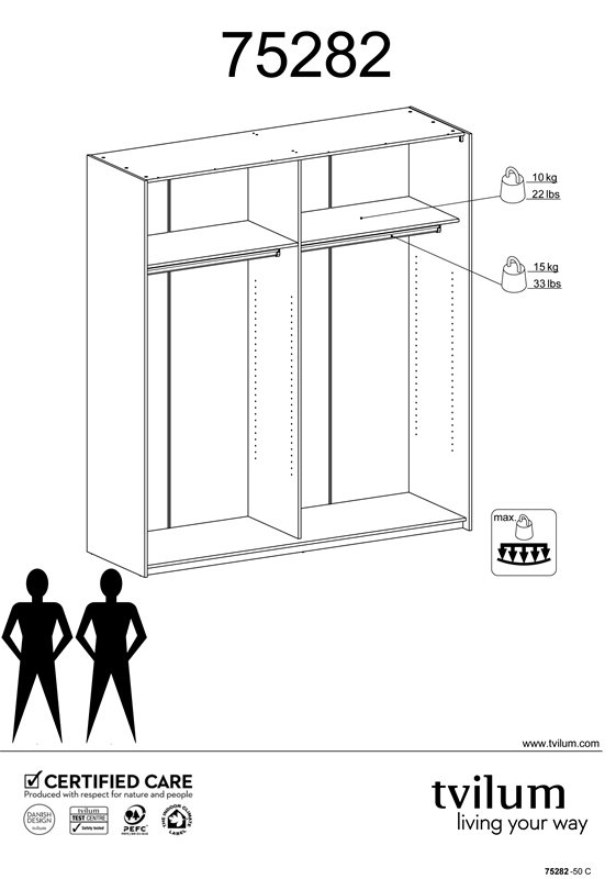 
TVILUM VERONA garderobeskab - hvid laminat, med spejl, 2 skydelåger
