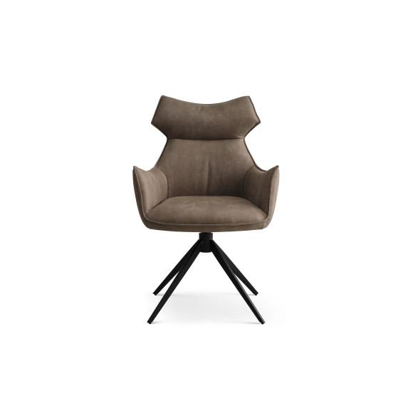 Liva spisestuestol, med armlen og svingfunksjon - leverbrun/beige mikroskinn og svarte ben