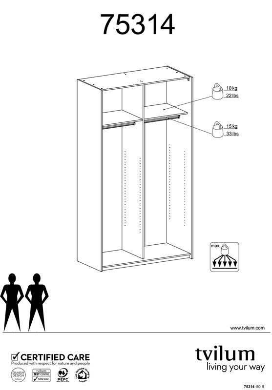 
TVILUM Firenze garderobeskab - hvid laminat, 2 skydelåger
