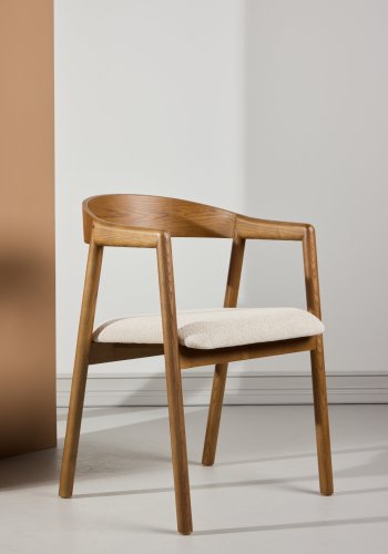 VENTURE DESIGN L�ng�n spisebordsstol, m. arml�n - beige polyester og brun asketr�