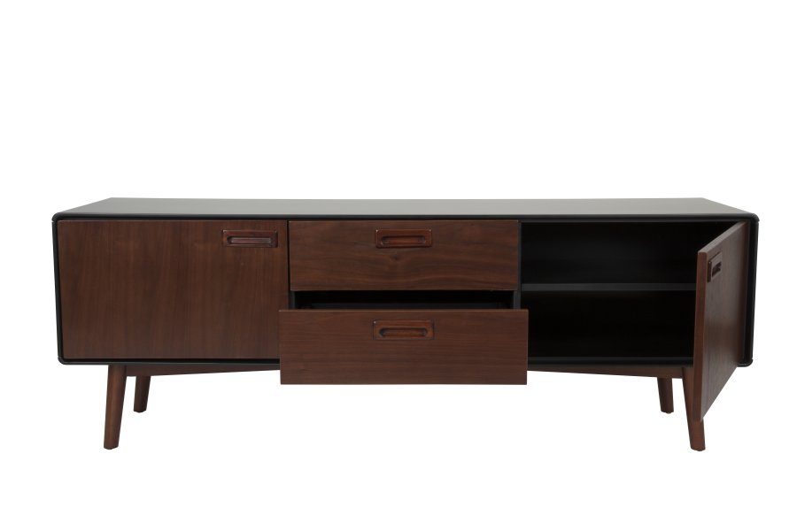 DUTCHBONE Juju Sideboard, niedrig, mit 3 Türen, 2 Regalen, 1 Schublade – braunes Walnussfurnier/Eschenholz und schwarzes Furnier