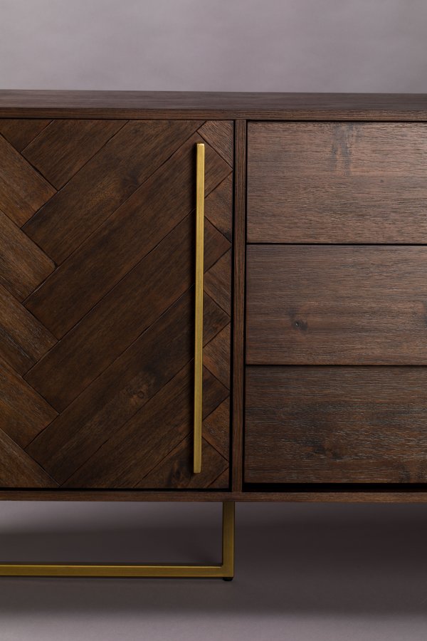 DUTCHBONE Klasse skjenk, hy, m. 2 drer, 2 hyller og 3 skuffer - brunt fiskebeintre og gullstl