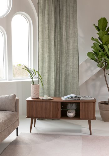 ZUIVER Barbier TV-bord, m. 2 skyvedrer - brun valnttfiner og gummitre (120x40)