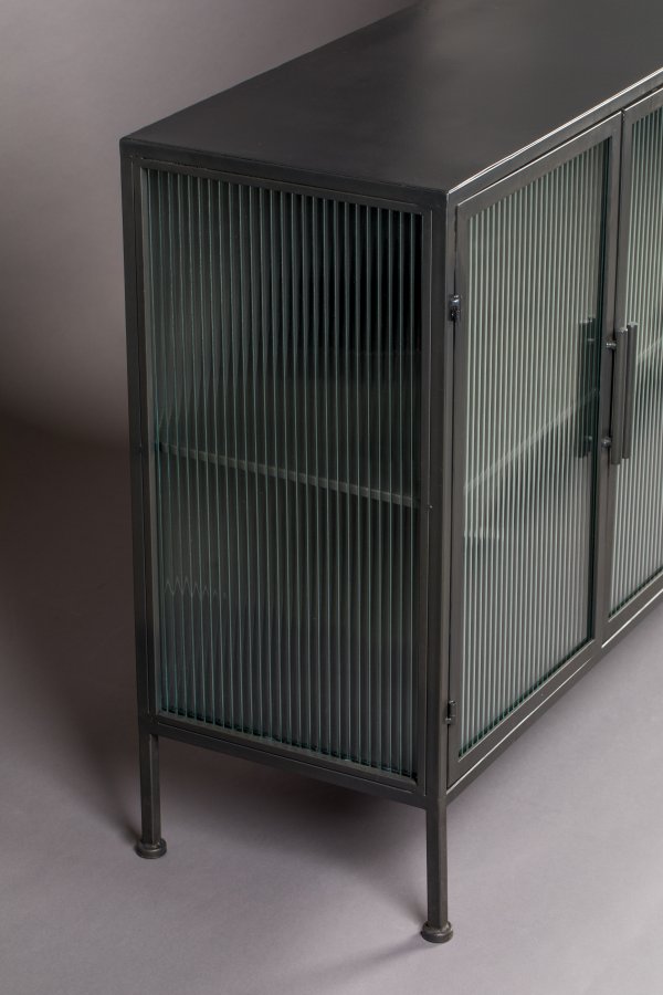 DUTCHBONE Boli skjenk, lav, m. 4 drer og 2 hyller - glass og sort jern