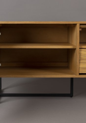 DUTCHBONE Class TV-Tisch, niedrig, mit 4 Türen und Regalen – natürliche Fischgräteneiche und schwarzer Stahl