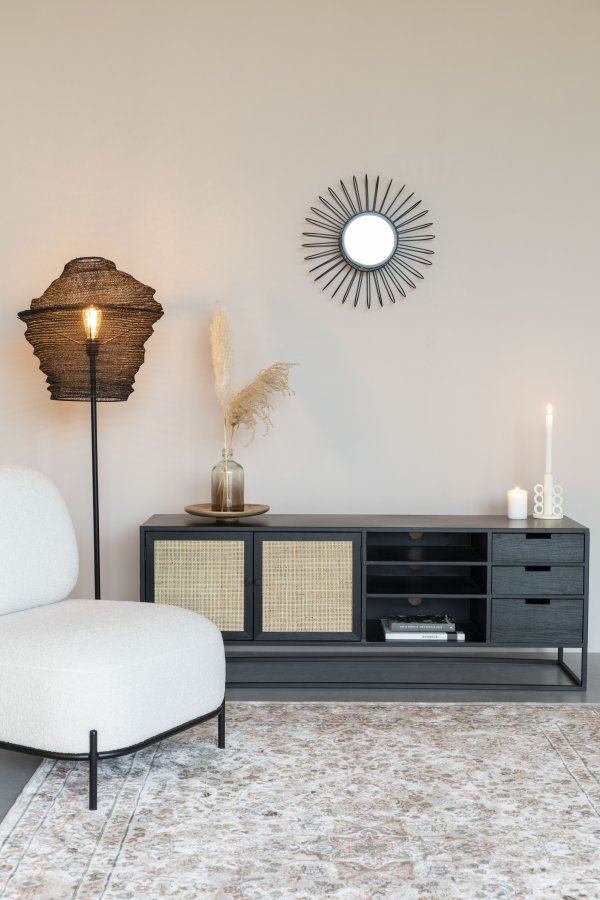 WHITE LABEL LIVING Guuji skjenk, m. 2 drer, 3 skuffer, hyller - rotting og sort ask finerjern