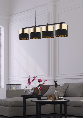 TK Hilton taklampa, w. 4 skärmar - guldmetall och svart tyg