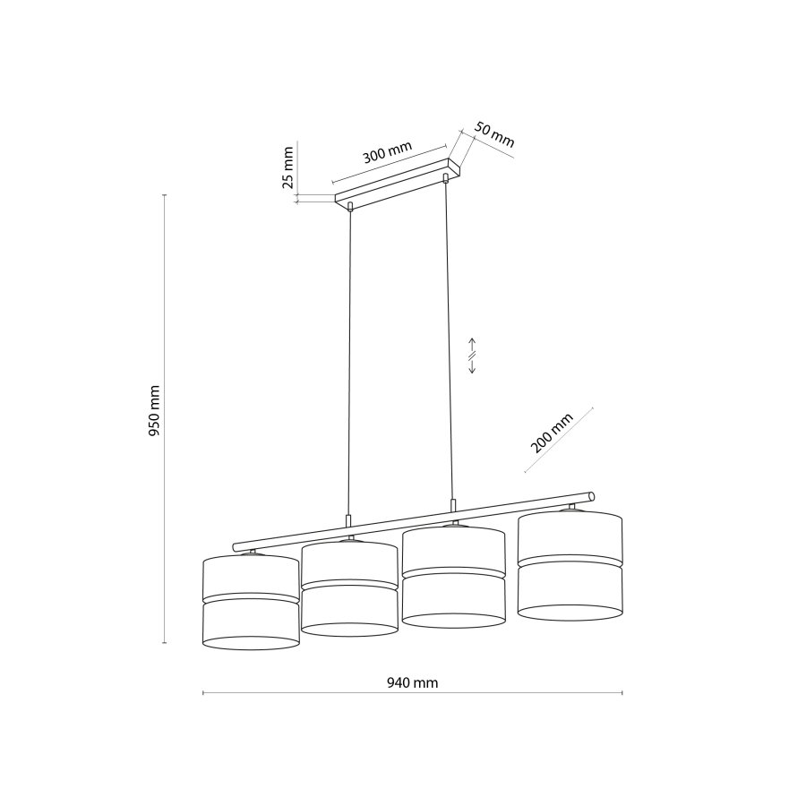 TK Hilton taklampa, w. 4 skärmar - guldmetall och svart tyg