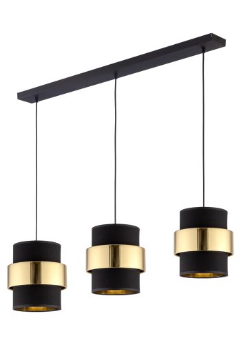 TK Calisto loftlampe, m. 3 skrme - sort stof og guld stl