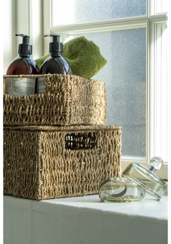 Kurv med lokk i sjgress, natur, rektangulr, sett med 2