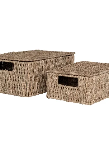 Kurv med lokk i sjgress, natur, rektangulr, sett med 2