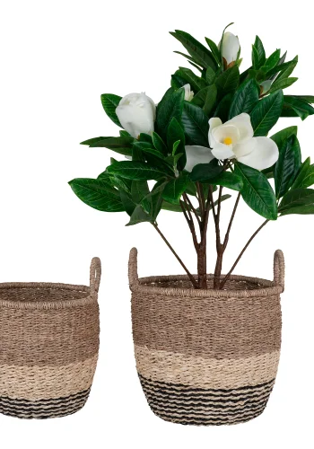 HOUSE NORDIC Lima kurv med hndtak, rund - naturlig/brun/svart sjgress (sett med 2)