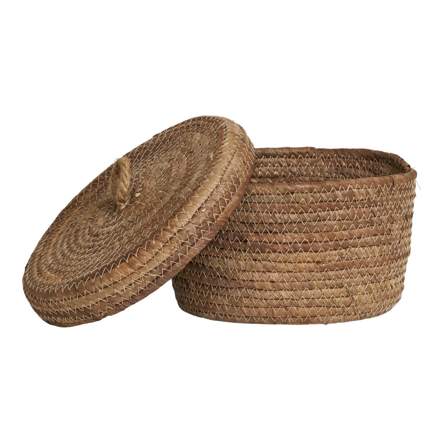 HOUSE NORDIC Desio-kurv, med lokk, rund - naturlig bananflettet (sett med 2)