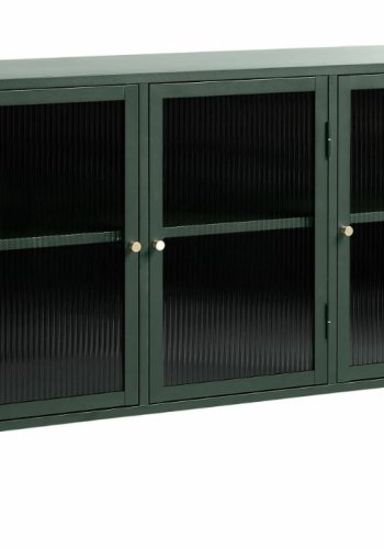 Bronco Glas-Sideboard mit 3 Türen und Regalen – geriffeltes Glas und fichtengrünes Metall