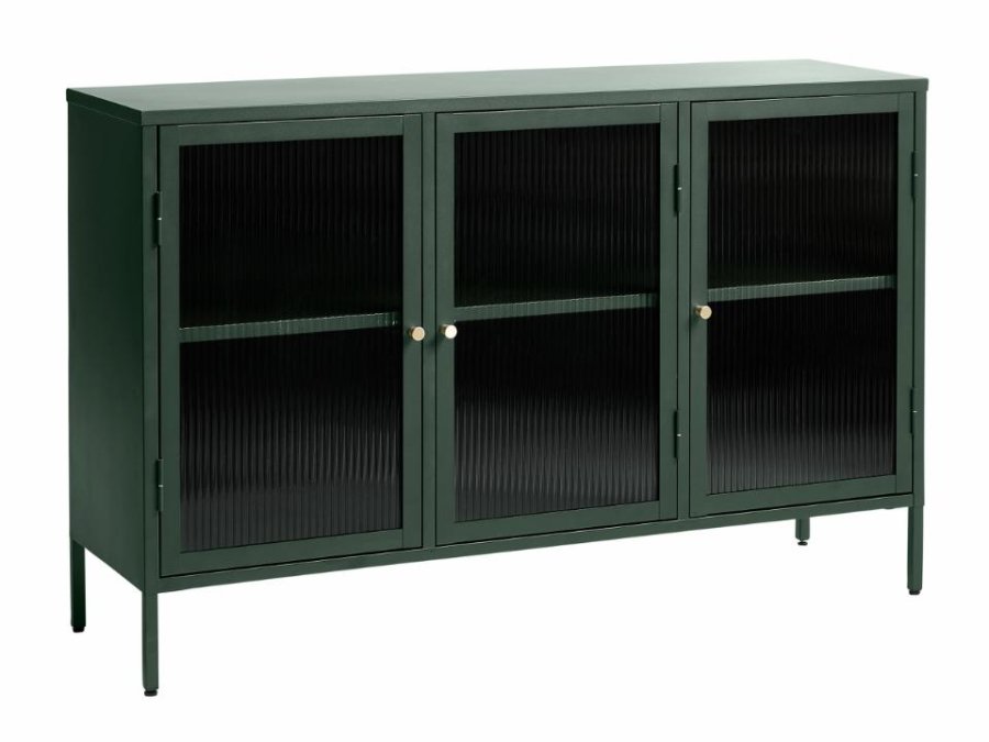 Bronco Glas-Sideboard mit 3 Türen und Regalen – geriffeltes Glas und fichtengrünes Metall