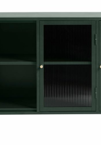 Bronco Glas-Sideboard mit 3 Türen und Regalen – geriffeltes Glas und fichtengrünes Metall