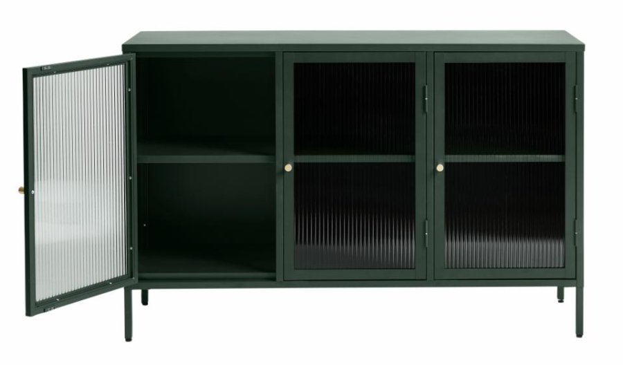 Bronco Glas-Sideboard mit 3 Türen und Regalen – geriffeltes Glas und fichtengrünes Metall