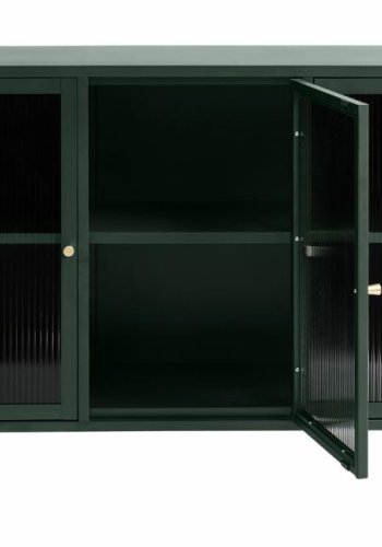 Bronco Glas-Sideboard mit 3 Türen und Regalen – geriffeltes Glas und fichtengrünes Metall