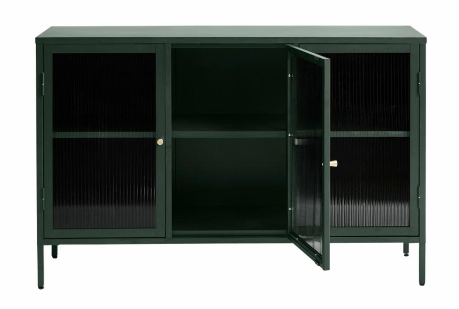 Bronco Glas-Sideboard mit 3 Türen und Regalen – geriffeltes Glas und fichtengrünes Metall