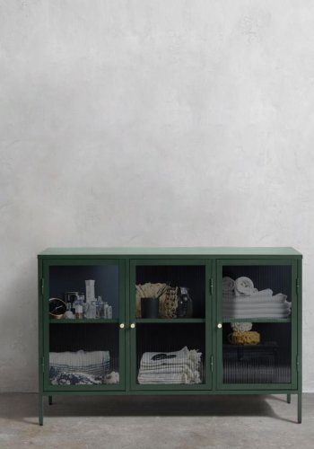 Bronco Glas-Sideboard mit 3 Türen und Regalen – geriffeltes Glas und fichtengrünes Metall