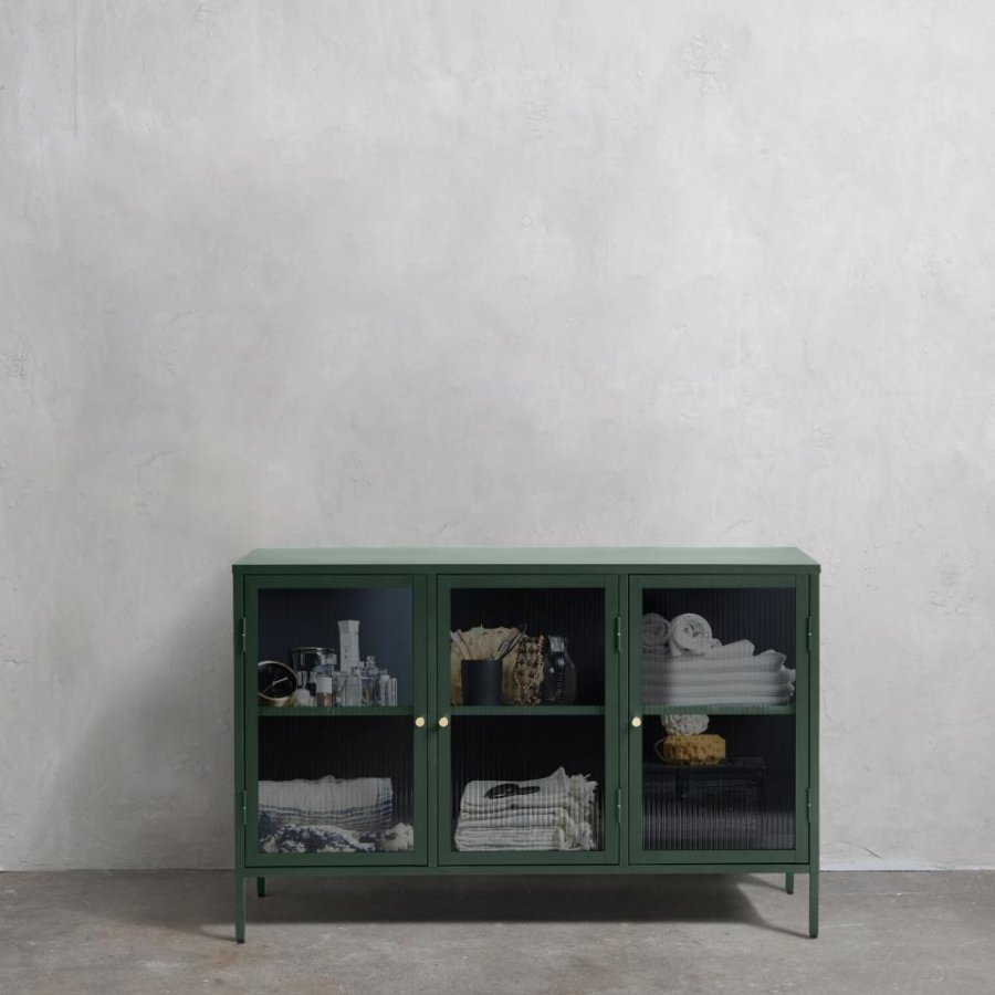 Bronco Glas-Sideboard mit 3 Türen und Regalen – geriffeltes Glas und fichtengrünes Metall