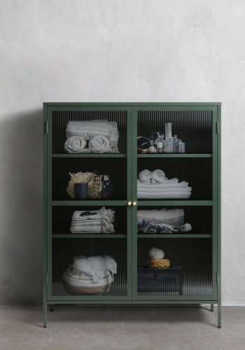 Bronco glassskap, med 2 drer og hyller - riflet glass og grangrnt metall (H:140)